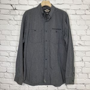 Harley‎ Davidson Mens Striped Embroidered Button Up Shirt Size LT Black GM17803